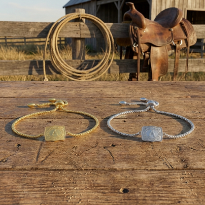 A-Z initial bracelet shown on wrist — adjustable polished design